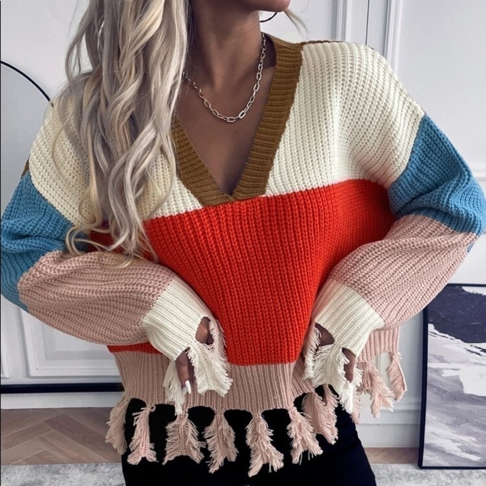 Shein V-Neck Colorblock Blue Orange Drop Shoulder Fringe Hem Sweater Size Medium - Picture 3 of 16